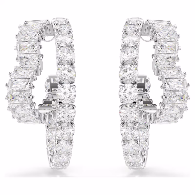 Swarovski Matrix hoop earrings, various cuts, heart, white, rhodium-plated